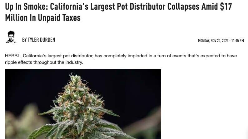 Up In Smoke: California's Largest Pot Distributor Collapses Amid $17 Million In Unpaid Taxes