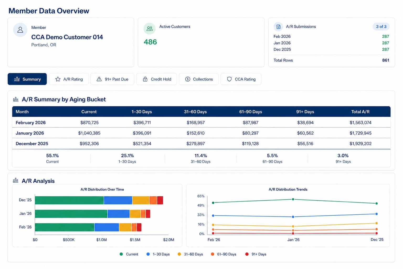 CCA A/R aging dashboard with risk rating, aging buckets, and collection status